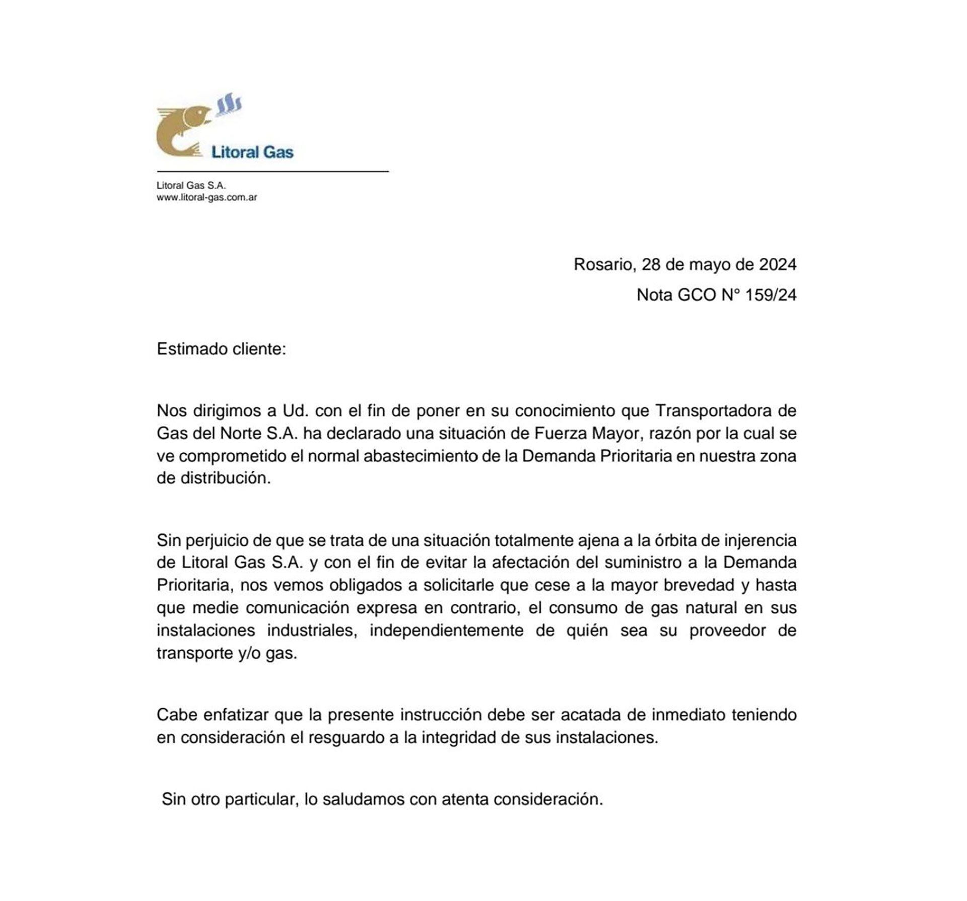 Litoral Gas - Carta de corte de suministro