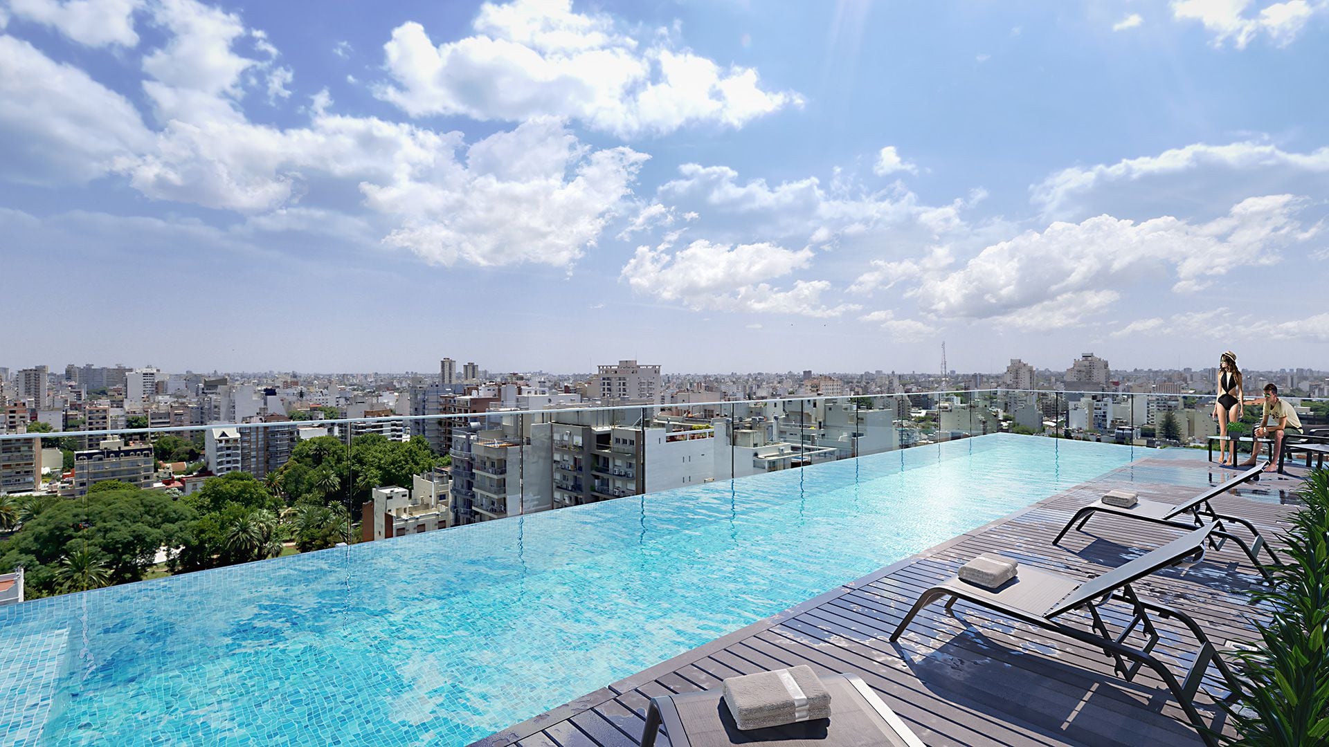 Piscina en la terraza de uso común de uno de los emprendimientos que llegan a este rincón porteño