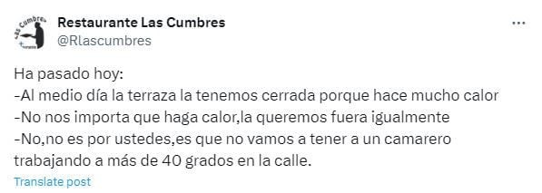 Un restaurante le dio una respuesta a unos clientes que fue elogiada en X (@Rlascumbres)