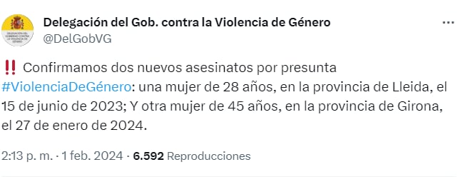 La Delegación de Gobierno contra la Violencia de Género confirma las dos primeras víctimas de violencia machista de 2024 (Delegación de Gobierno contra la Violencia de Género /X)