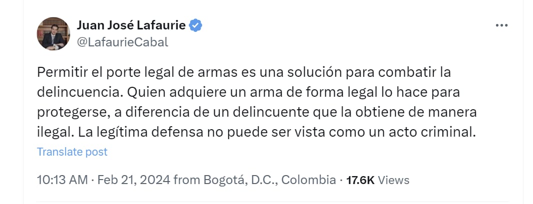 Juan José Lafaurie propuso porte legal de armas en Colombia para que los ciudadanos puedan defenderse de los delincuentes - crédito @LafaurieCabal/X