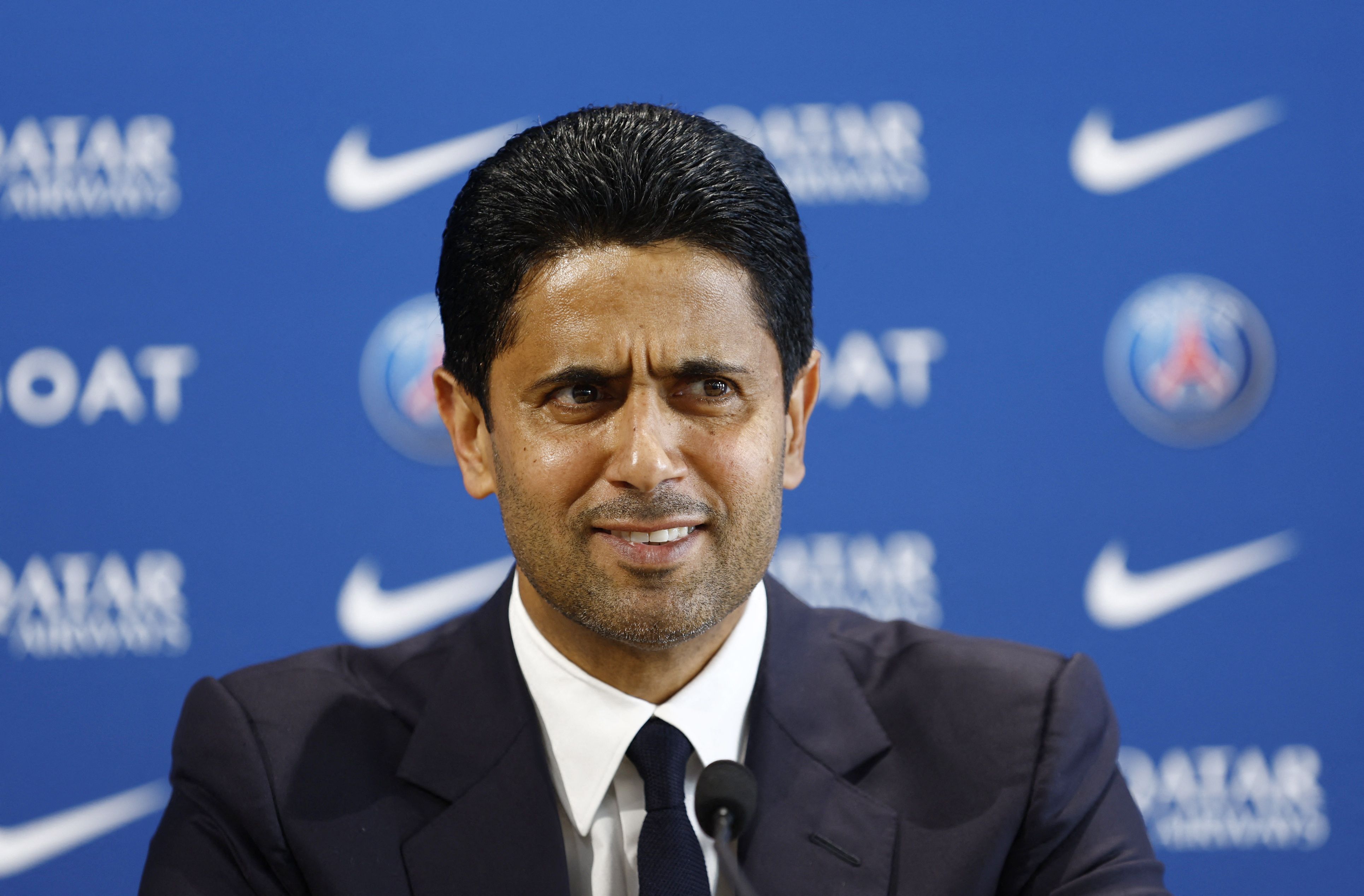 Soccer Football - Paris St Germain  - Paris St Germain unveil new coach Luis Enrique - Paris-Saint-Germain Training Centre, Poissy, France - July 5, 2023  Paris St Germain president Nasser Al-Khelaifi during the press conference REUTERS/Gonzalo Fuentes