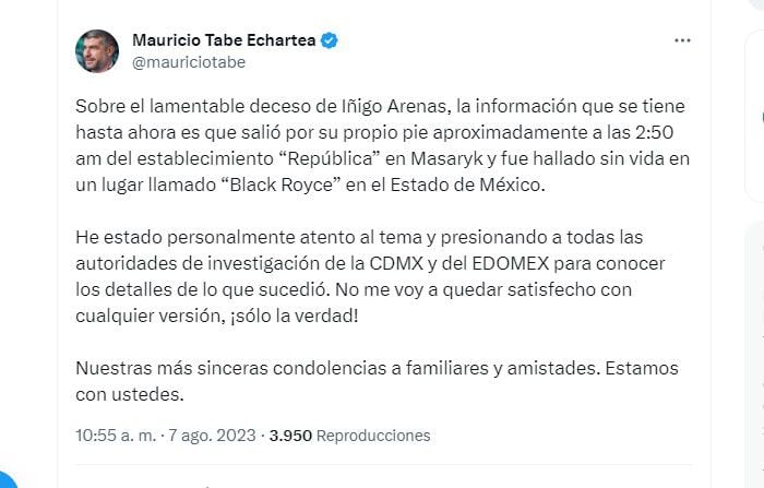 El alcalde de Miguel Hidalgo, Mauricio Tabe, lamentó la muerte de Iñigo Arenas, por lo que le dará seguimiento a las investigaciones realizadas por las autoridades de la CDMX y el Edomex (Foto: Twitter@mauriciotabe)