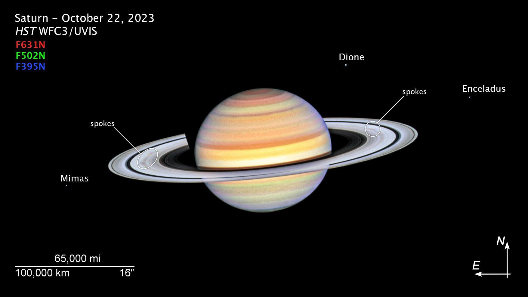 El telescopio espacial Hubble captó imágenes de un fenómeno "fantasmal" que se desarrolla en los anillos de Saturno, conocido como radios. Crédito: NASA, ESA, STScI, A. Simon (NASA-GSFC). 