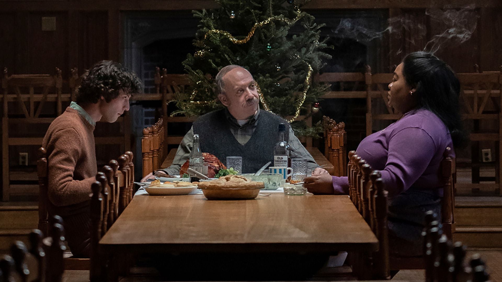 Dominic Sessa, from left, Paul Giamatti and Da'Vine Joy Randolph in a scene from "The Holdovers." (Seacia Pavao/Focus Features via AP)