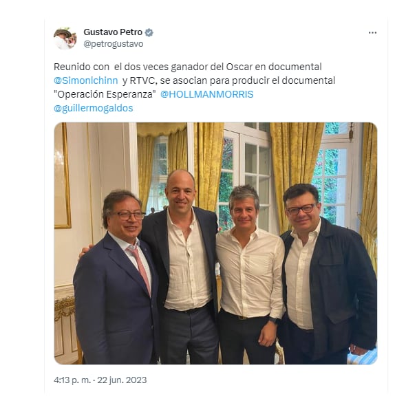 El presidente Gustavo Petro se reunió en París con Simon Chinn, ganador de dos Oscar en documental. Allí hablaron de coproducir un documental sobre el rescate de los hermanos Mucutuy. Twitter.