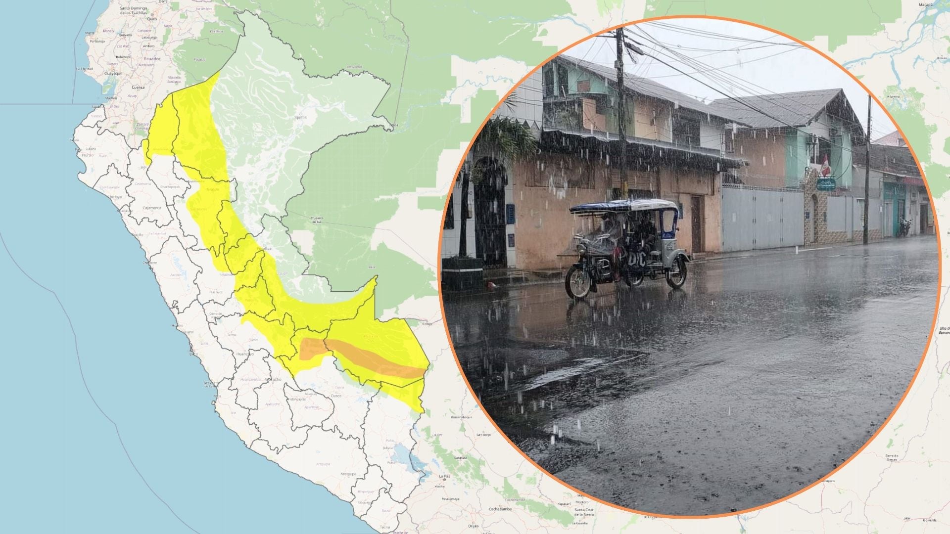 El Senamhi emitió un aviso meteorológico de nivel de peligro naranja que entrará en vigencia en las próximas horas. (Composición: Infobae Perú)