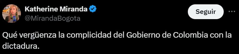 Katherine Miranda afirmó que el Gobierno nacional está siendo cómplice de lo ocurrido en Venezuela - crédito @@MirandaBogota/X