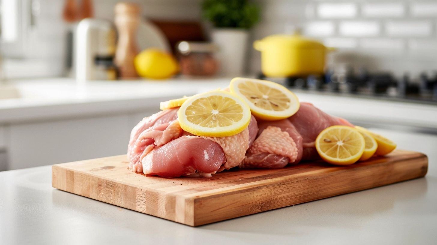 Pechuga y muslo de pollo listos para cocinar, sazonados con limón sobre tabla de cocina, destacando su rol en la alimentación saludable. La imagen enfoca la importancia del pollo como fuente de proteína en la dieta. Palabras clave: preparación de pollo, sazonado con limón, fuente de proteína, alimentación saludable, cocina casera, ingredientes básicos, nutrición esencial, dieta balanceada, proteína magra, ingredientes frescos. (Imagen ilustrativa Infobae)