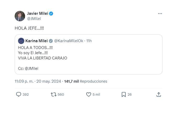 La respuesta de Javier Milei al tuit de su hermana Karina