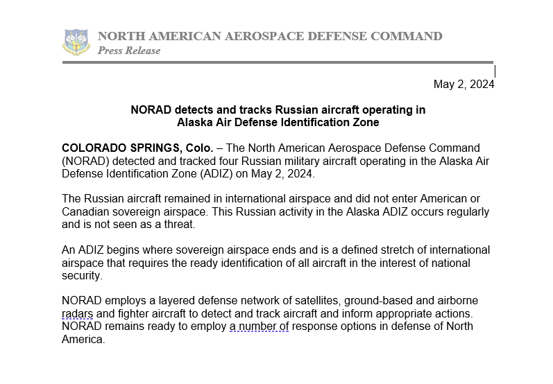 NORAD comunicado sobre avión ruso estrecho de Bering Alaska