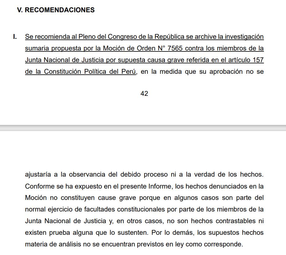 Recomendaciones del informe final en minoría de la investigación contra la JNJ. Foto: documento