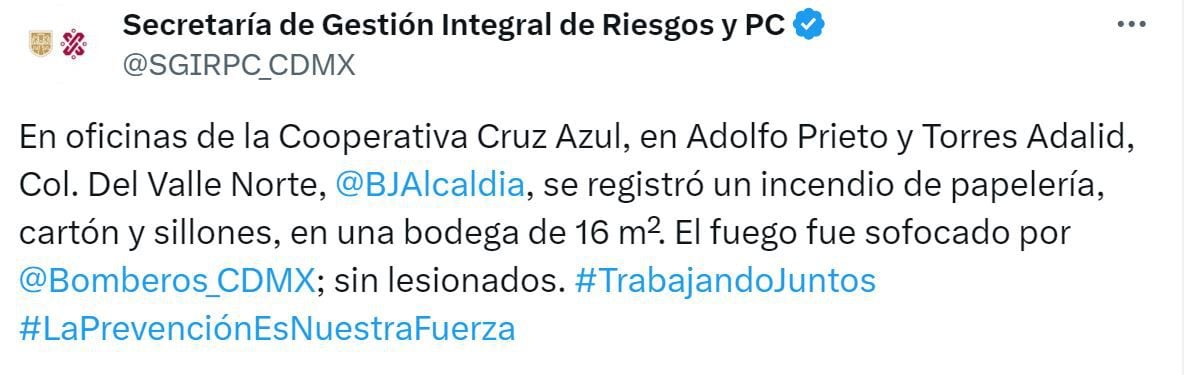 Mensaje de la Secretaría de Gestión Integral de Riesgos y PC sobre el incendio en las oficinas de la Cooperativa Cruz Azul. (X / @SGIRPC_CDMX)