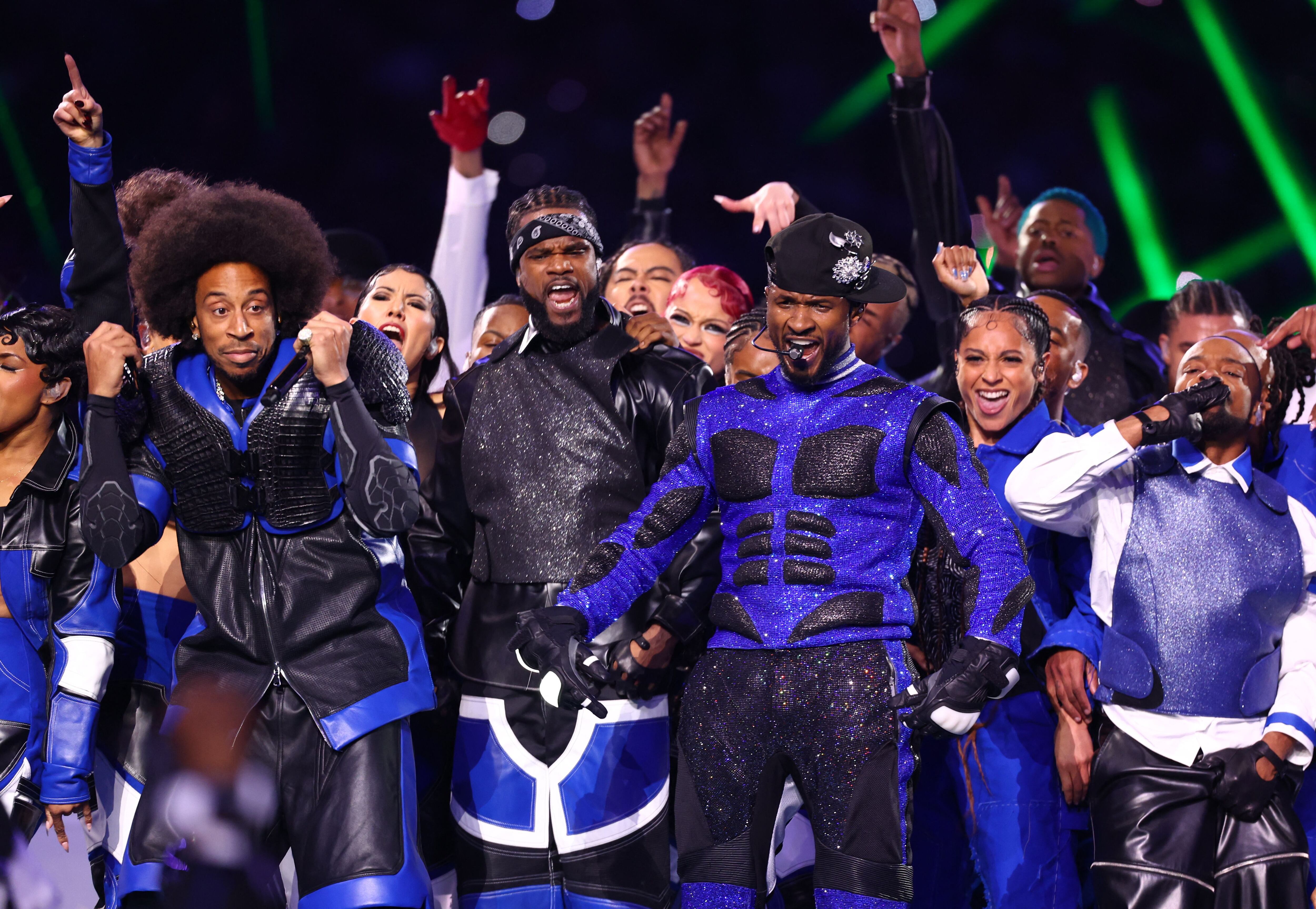 Los artistas Usher y Lil Jon y Ludacris en el show de medio tiempo del Super Bowl LVIII entre los Kansas City Chiefs y los San Francisco 49ers en el Allegiant Stadium. (Mark J. Rebilas/USA TODAY Sports)