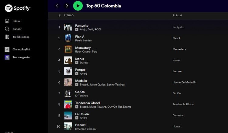 Le prime dieci canzoni più ascoltate in Colombia su Spotify. Foto: Screenshot Spotify