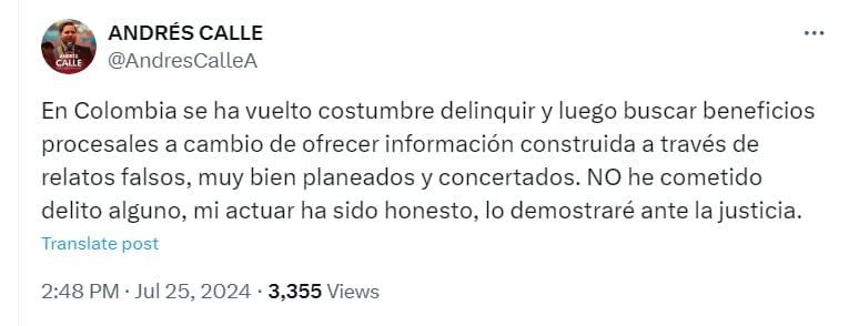 Andrés Calle se defendió de las acusaciones en su contra sobre recibimiento de sobornos procedentes de la Ungrd - crédito @AndresCalleA/X