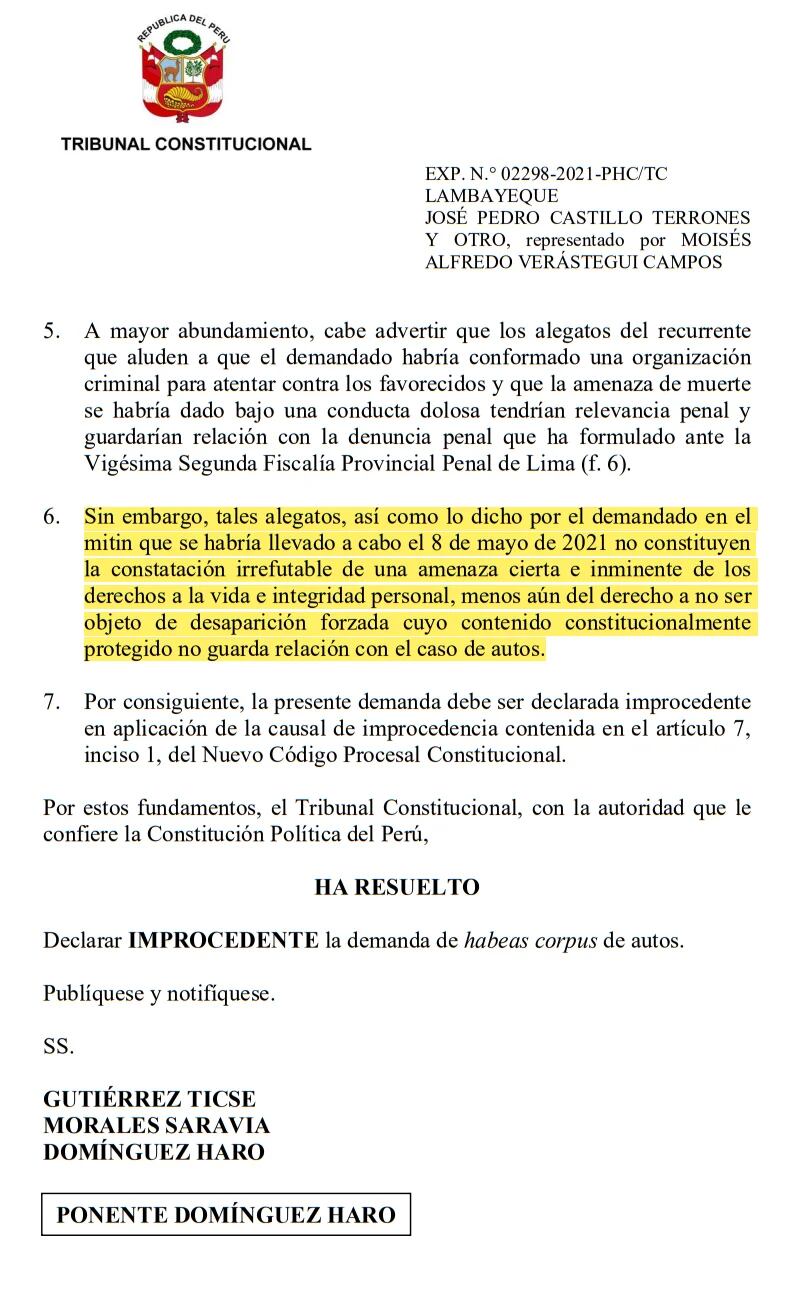 Rechazan demanda a favor de Cerrón y Castillo.