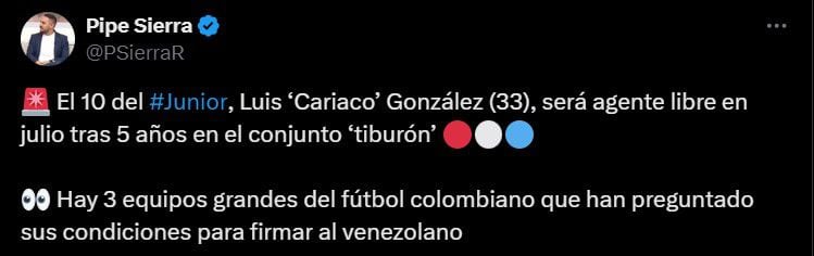 Luis 'Cariaco' González finalizaría su contrato con Junior de Barranquilla después de cinco años - crédito @PSierraR/X