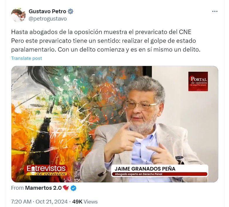 El presidente resaltó la postura del caso por el abogado Jaime Granados, reconocido defensor del expresidente Álvaro Uribe - crédito @petrogustavo/X