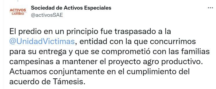 La SAE respondió al representante Hernán Cadavid por los cuestionamientos a la entrega de la hacienda Támesis el pasado 31 de octubre de 2022 a campesinos víctimas del conflicto