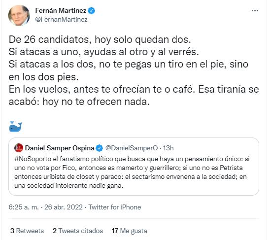 A través de Twitter, el empresario Fernán Martínez cuestionó una publicación de Daniel Samper donde acusaba de ser 'fanáticos políticos' a sectores que apoyan tanto a Federico Gutiérrez como a Gustavo Petro. FOTO: vía Twitter (@FernanMartinez)