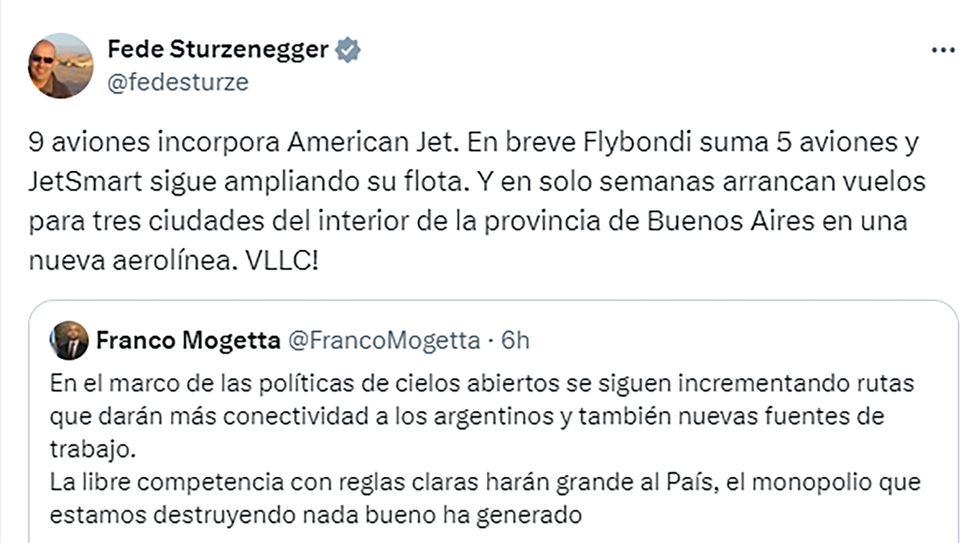 Sturzenegger se sumó al posteo de Mogetta sobre el proceso de búsqueda de personal de American Jet para operar 9 nuevos aviones a partir de 2025