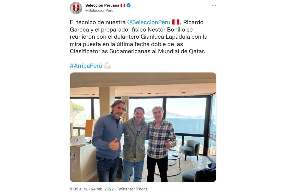 Encontro de Gianluca Lapadula com Ricardo Gareca e Néstor Bonillo na Itália.