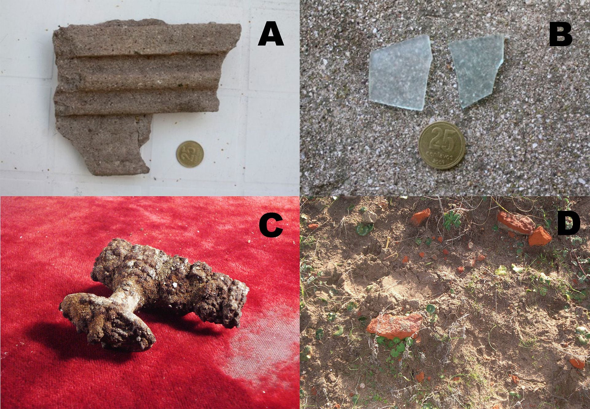 Varias piezas pertenecientes al Hotel Mar del Sud encontradas en el sitio. A) Restos de molduras. B) Cristales. C) Falleba del siglo XIX probablemente de fabricación francesa o inglesa. D) Trozos de ladrillo sobre el terreno