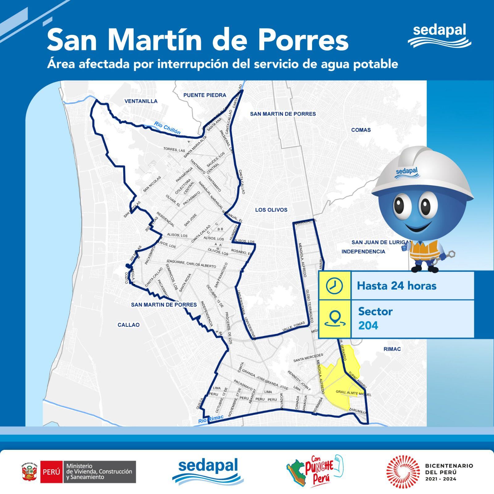 Mapa de las zonas que serán afectadas por el corte de agua en SMP y horarios en que se suspenderá el servicio | Crédito: Sedapal.