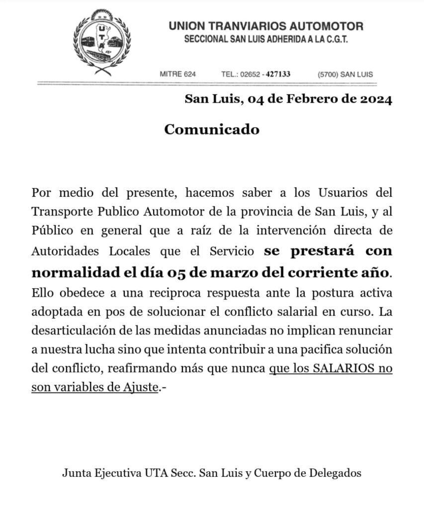 El comunicado de UTA San Luis