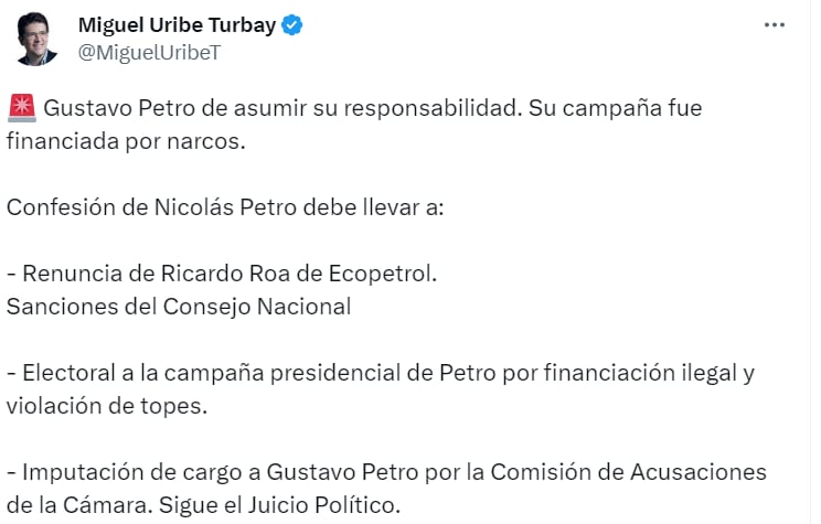 El senador Miguel Uribe Turbay aseguró que la Comisión de Acusaciones debe abrirle una investigación al presidente Gustavo Petro. Crédito: @MiguelUribeT / Twitter