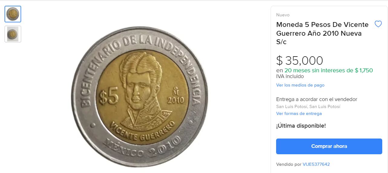 Moneda Vicente Guerrero. (Foto: Mercado Libre)