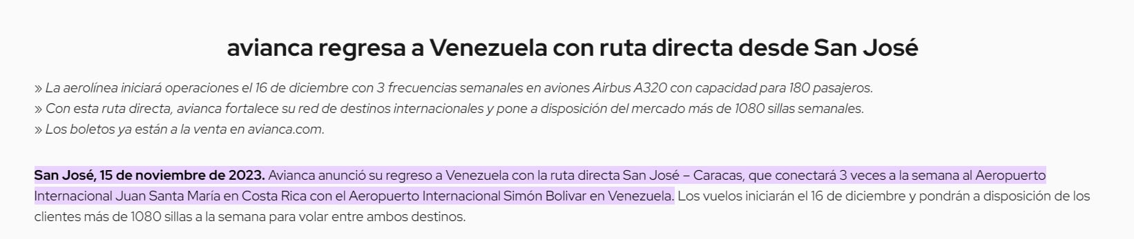 Avianca regresa a Venezuela con ruta directa desde San Jose, Costa Rica -créditowww.avianca.com