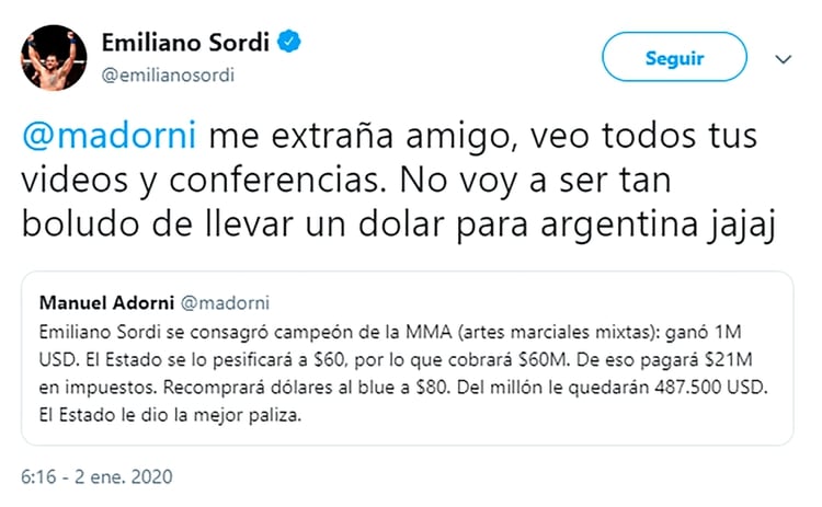 El tuit de Emiliano Sordi