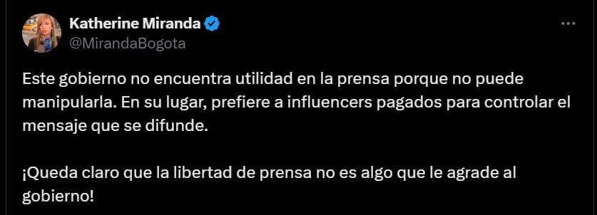 Katherine Miranda critica al Gobierno por mala relación con la prensa - crédito X