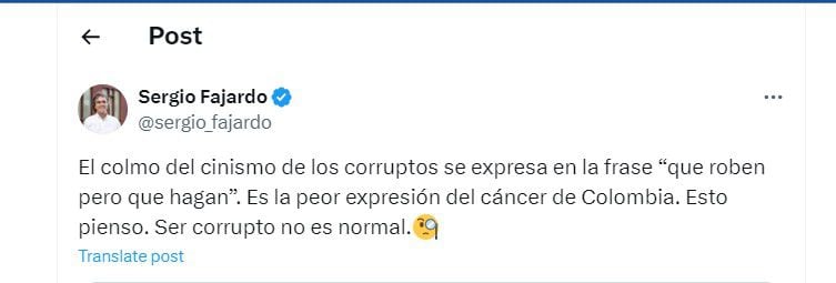 Sergio Fajardo dice cual es la peor frase de la corrupción según él - crédito @sergio_fajardo