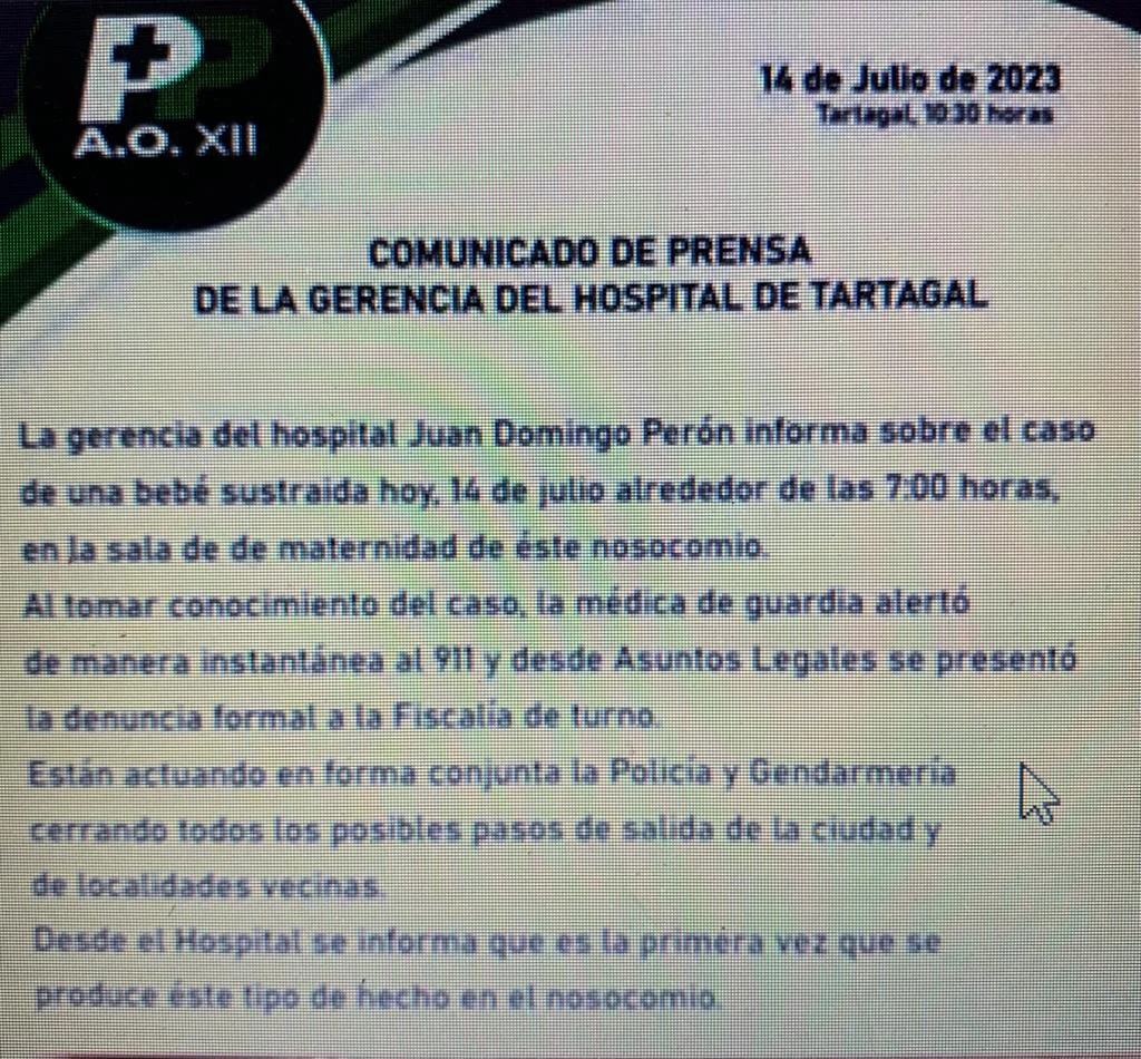 Comunicado de prensa del Hospital Juan Domingo Perón sobre el robo de la bebé