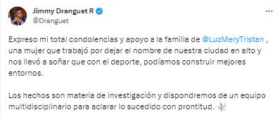 El secretario de Seguridad de Cali, Jimmy Dranguet, envió sus condolencias a los familiares de la exdeportista.