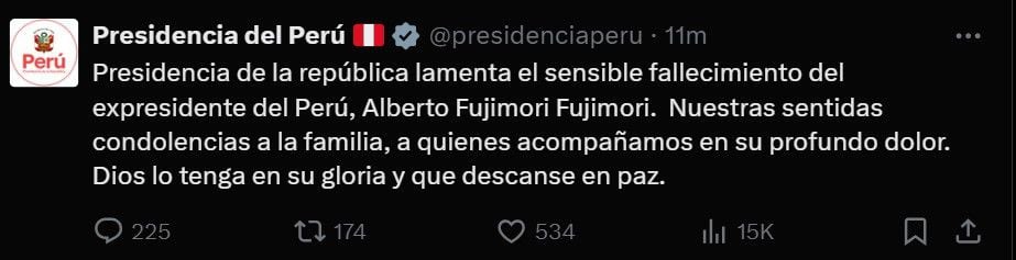 Presidencia del Perú envía condolencia a la familia de Alberto Fujimori por su muerte. (Fuente: X/ @presidenciaperu)