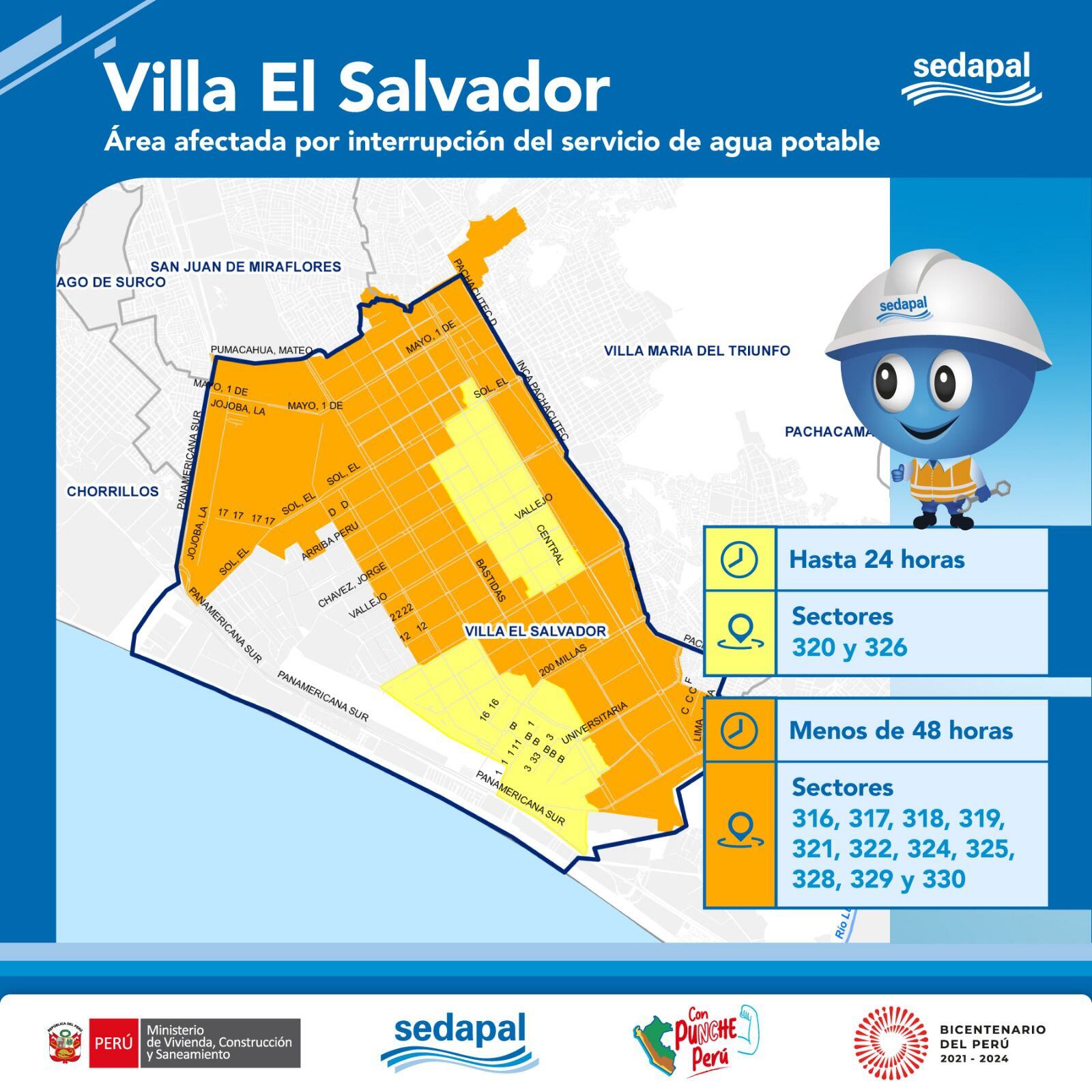 Mapa de las zonas que serán afectadas por el corte de agua en Villa El Salvador y horarios en que se suspenderá el servicio | Crédito: Sedapal.