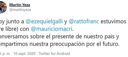 El tuit de Martín Yeza confirmando el encuentro