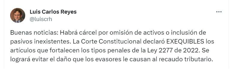 Luis Carlos Reyes, director general de la Dian, celebró la decisión de la Corte Constritucional - crédito @LuiscRH/X