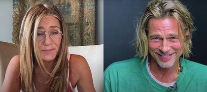 Las risas entre Brad y Jennifer destacaron en la lectura del guión, desde el inició Pitt saludó efusivamente a Aniston quien reaccionó feliz al enrollar su cabello de forma inconsciente Foto: Captura de pantalla