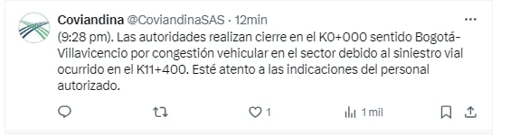 Las autoridades realizan cierre en el K0+000 sentido Bogotá-Villavicencio por congestión vehicular en el sector debido al siniestro vial ocurrido en el K11+400 -  crédito @CoviandinaSAS/X