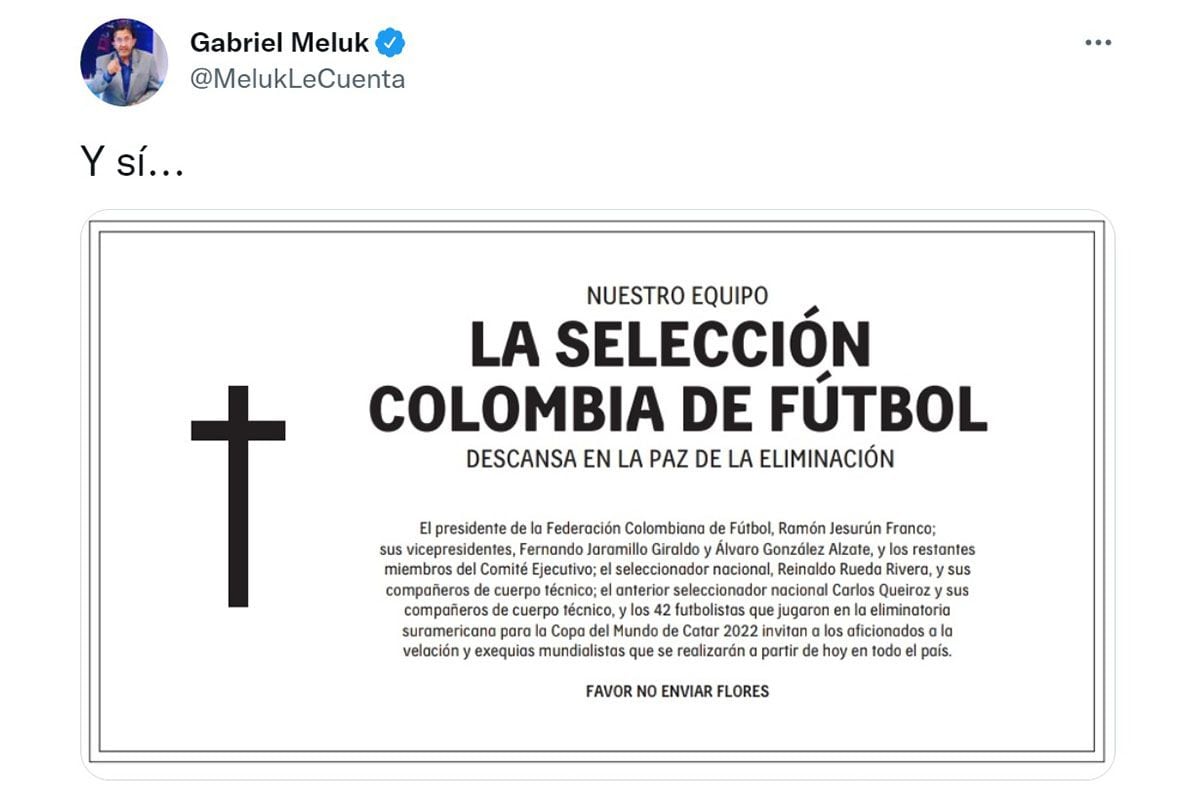 Publication du journaliste colombien Gabriel Meluk pour l'élimination de la Colombie.