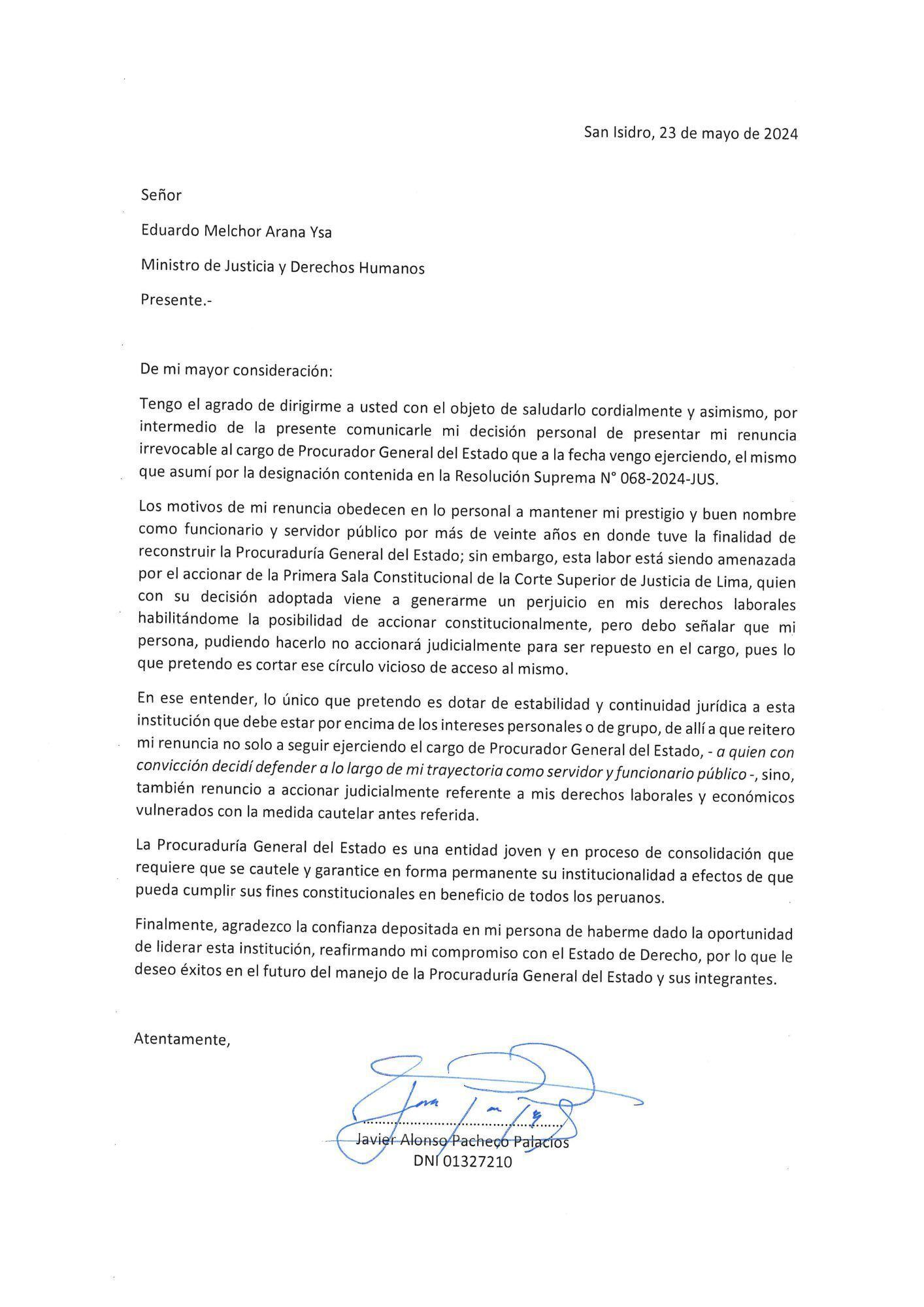 Carta de renuncia de Javier Pacheco