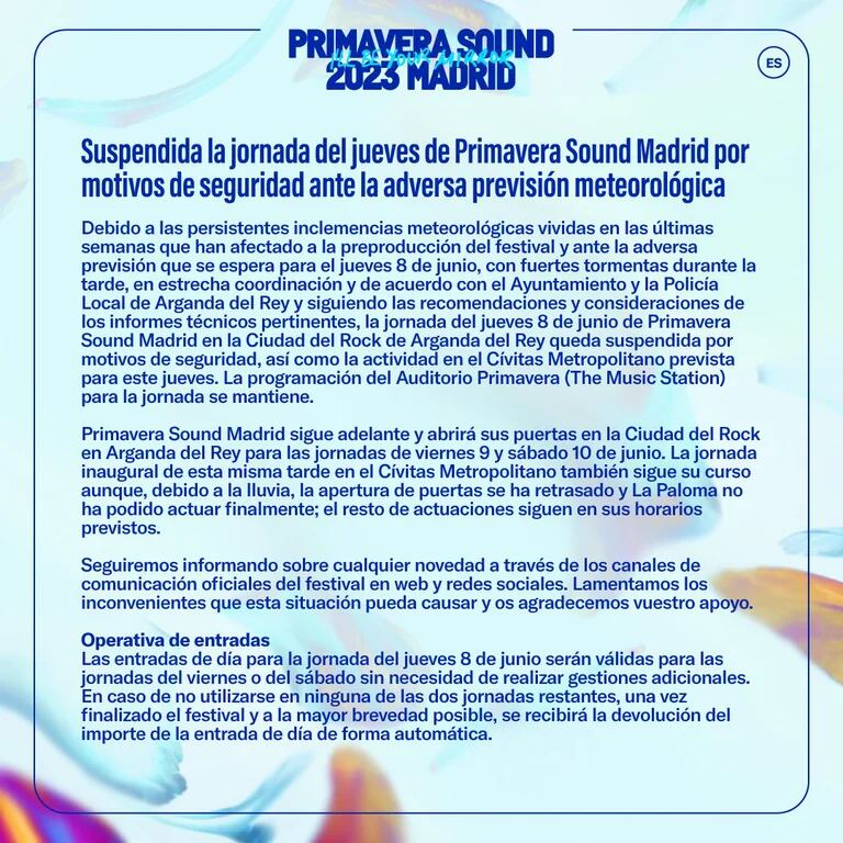 Primavera Sound compensa la anulación del primer día en Madrid 2023 con un  30% de descuento en uno de sus festivales de 2024