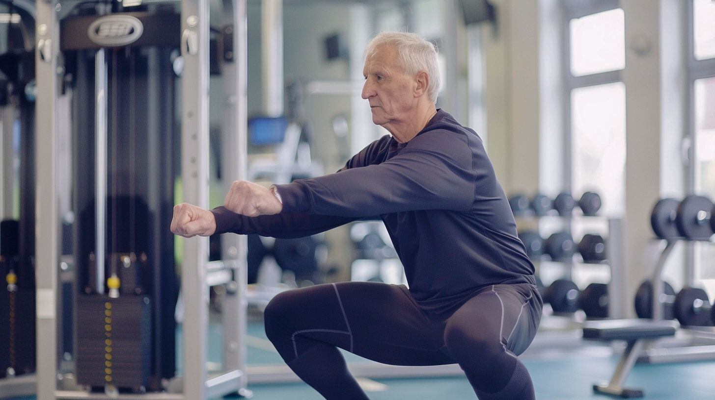 Adulto mayor entrenando en el gym, fortaleciendo su cuerpo con ejercicios de sentadillas. Representa el esfuerzo y dedicación de los mayores por su bienestar y longevidad, destacando la relevancia del entrenamiento físico para una vida saludable. (Imagen ilustrativa Infobae)v