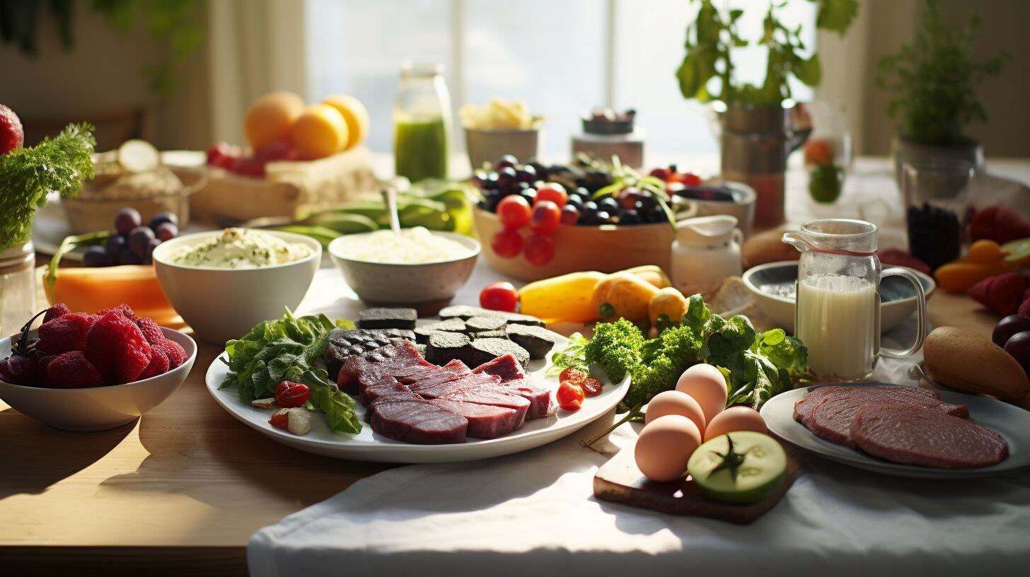 Sobre la mesa familiar se despliega una variedad de alimentos que promueven la salud y el bienestar. Desde la jugosa carne roja y los huevos hasta la leche enriquecedora y el ajo aromático, cada elemento aporta su propio valor nutricional. Las legumbres y la quinua aportan una base rica en proteínas, mientras que las frutas y verduras frescas, junto con el aceite de oliva, añaden vitalidad al plato. El pescado y los frutos secos ofrecen ácidos grasos esenciales, mientras que las bayas y el té verde aportan antioxidantes. Y para el toque final, el chocolate añade un dulce placer que completa esta paleta diversa de nutrientes esenciales (Imagen ilustrativa Infobae)