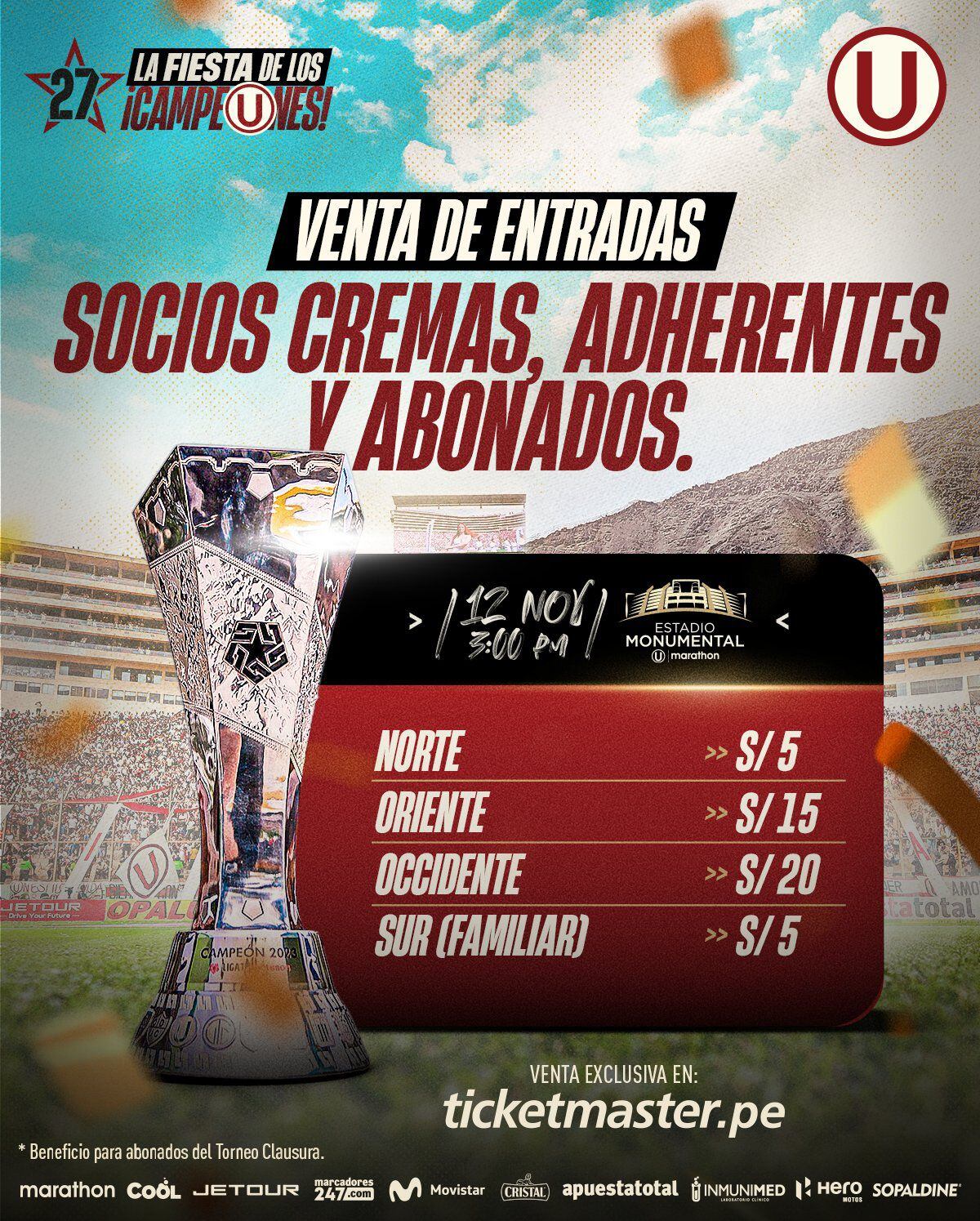 Precios de las entradas para asistir a la premiación de Universitario por título de Liga 1 2023.